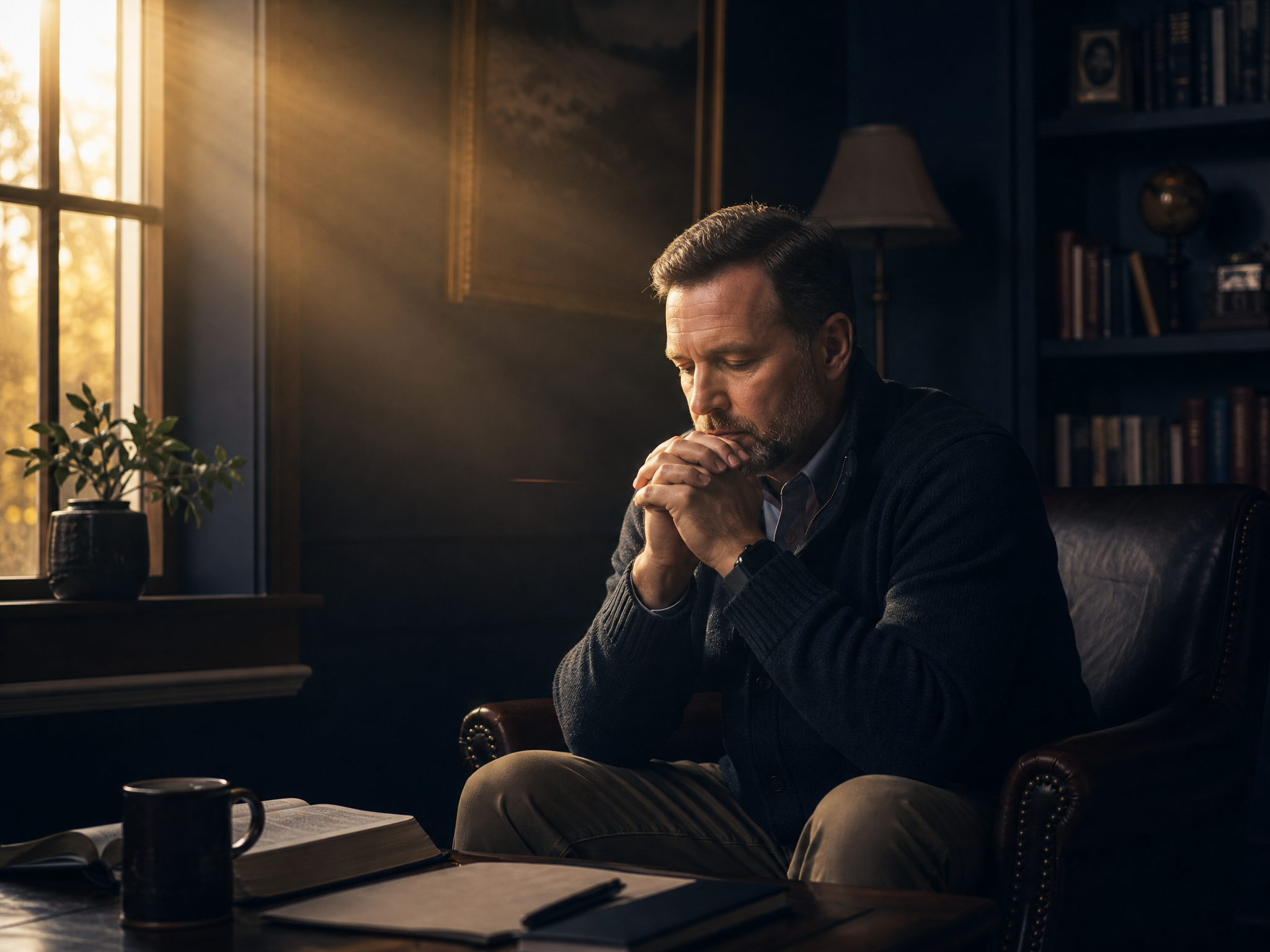 A pastor in a quiet study, in a private and confidential setting