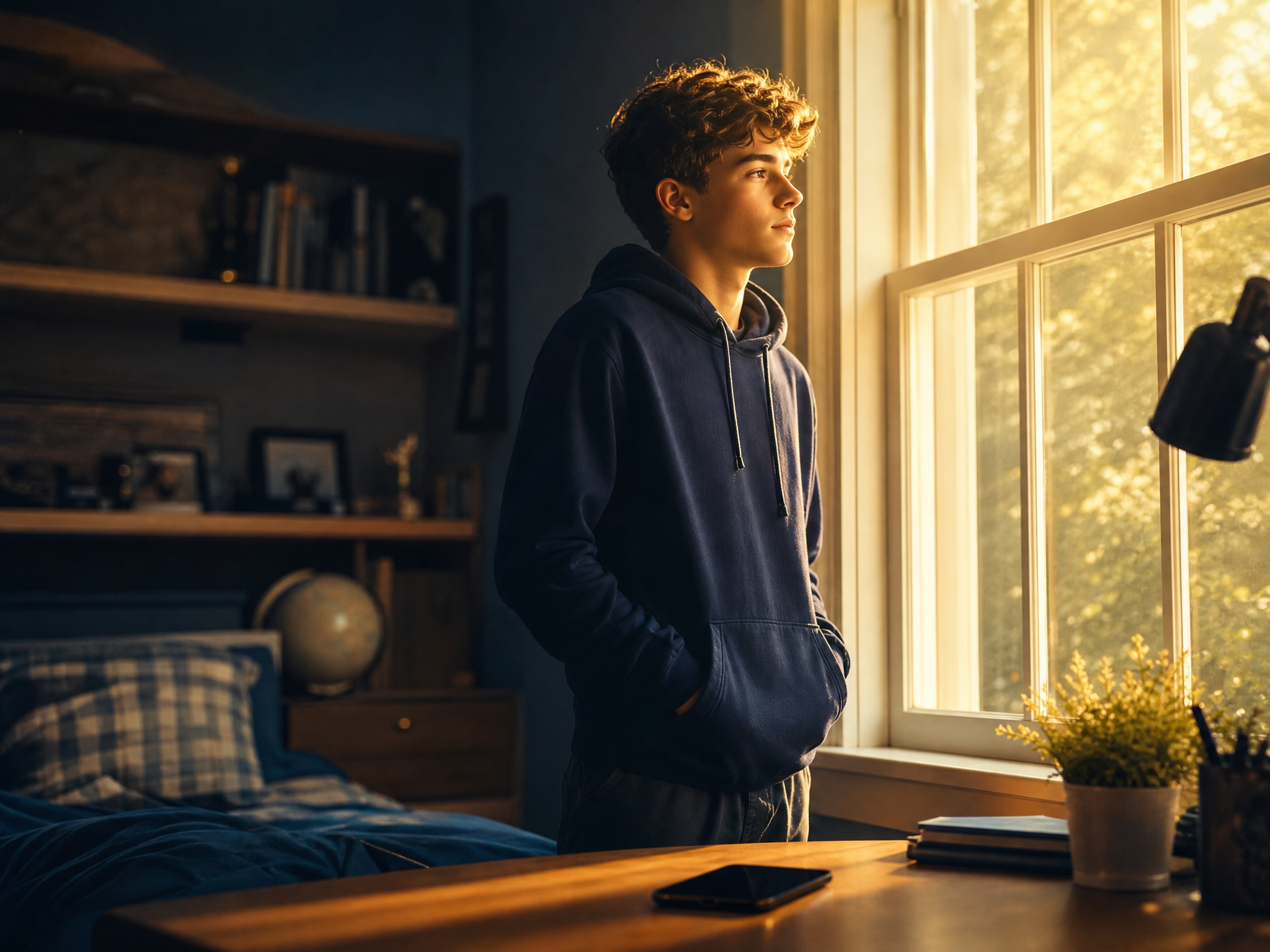 A hopeful teenage boy by a window with his phone set aside