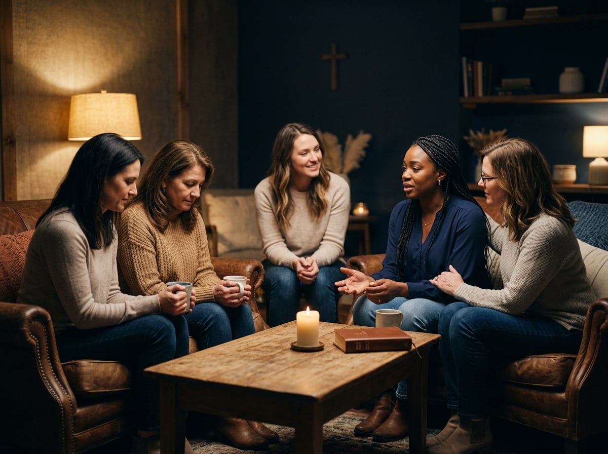 A small group of women in a warm, supportive, confidential conversation