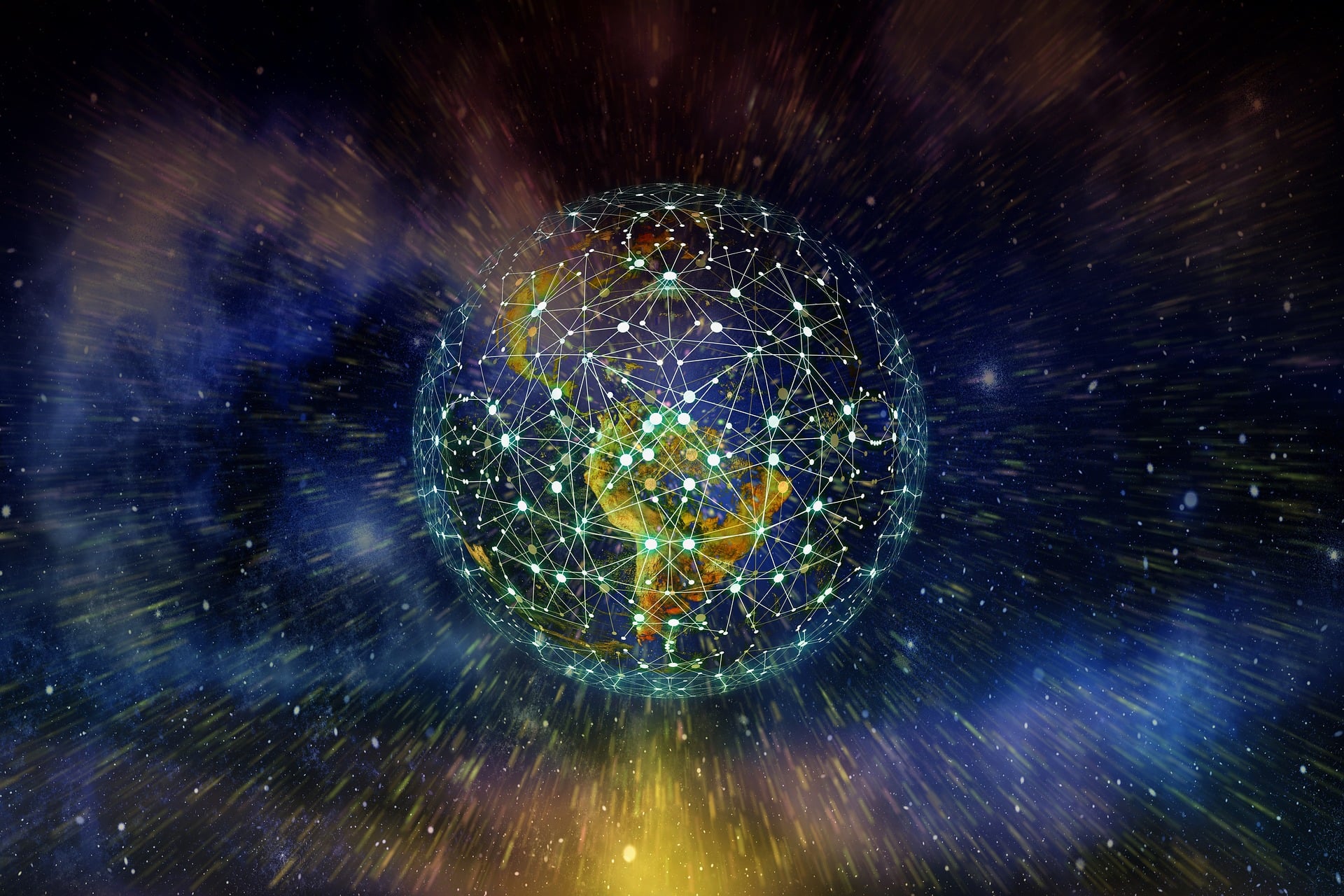 Digital network globe with glowing interconnected points representing technology's reach into the home